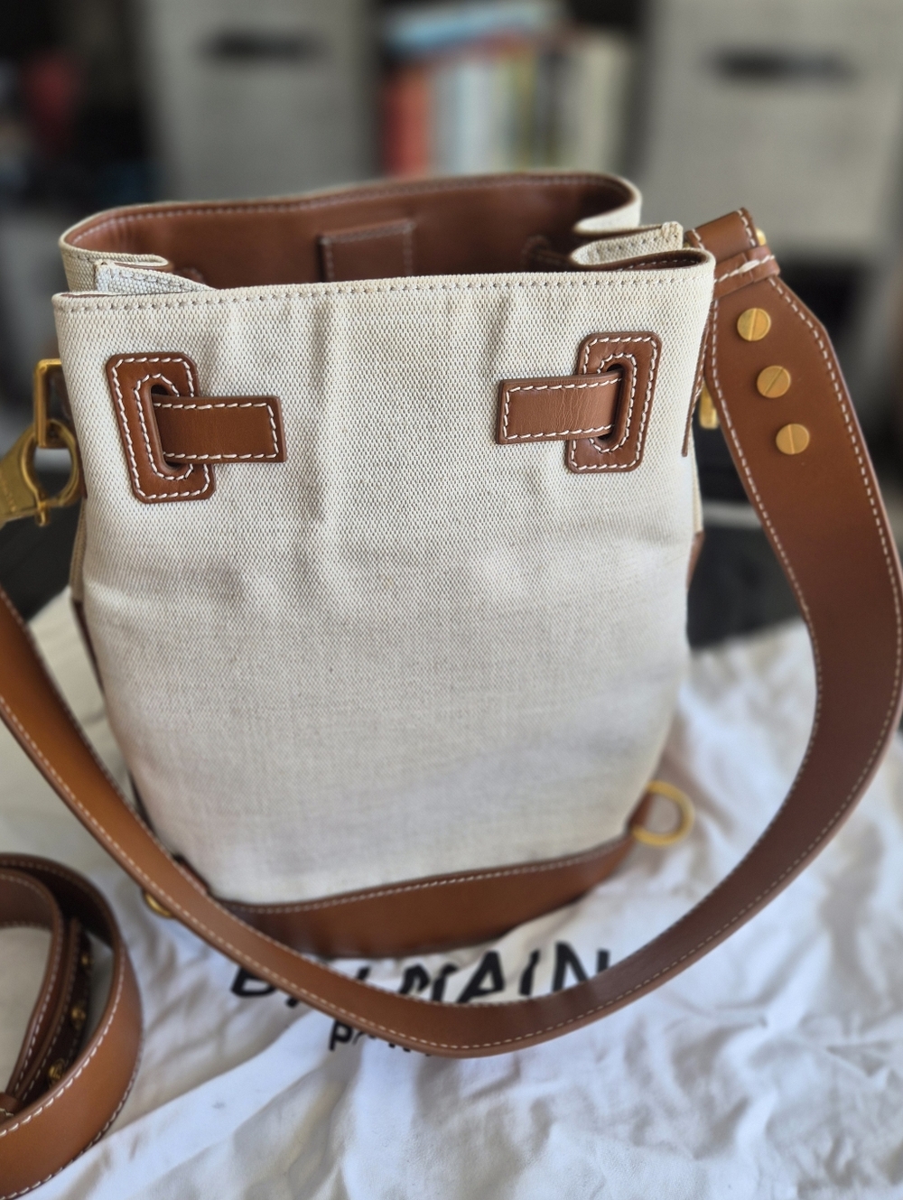 Balmain B Army Canvas Bucket Bag – Natural & Brown Leather - Picture 2 of 4